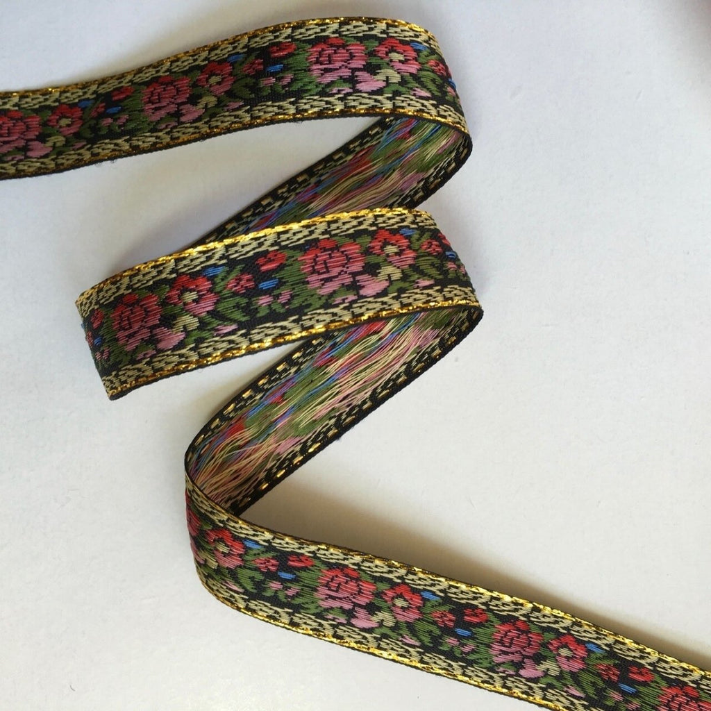 Jacquard Ribbon, Rose Floral on Black, 2 1/8 inches wide, 1 Yard